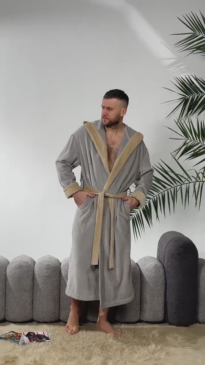 Men's Hooded Terry Cloth Bathrobe – 100% Cotton Long Plush Spa Robe with Pockets