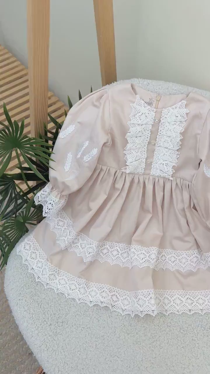 Elegant Beige Wheat Cotton Satin Dress and Baby Girl Milestone Outfit