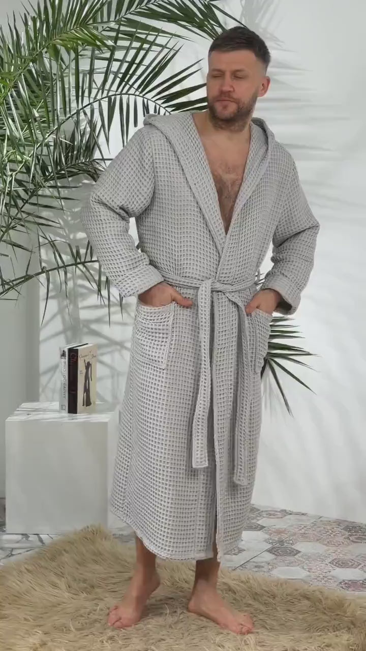Men's Hooded Waffle Cotton Bathrobe and Spa Lounge Robe