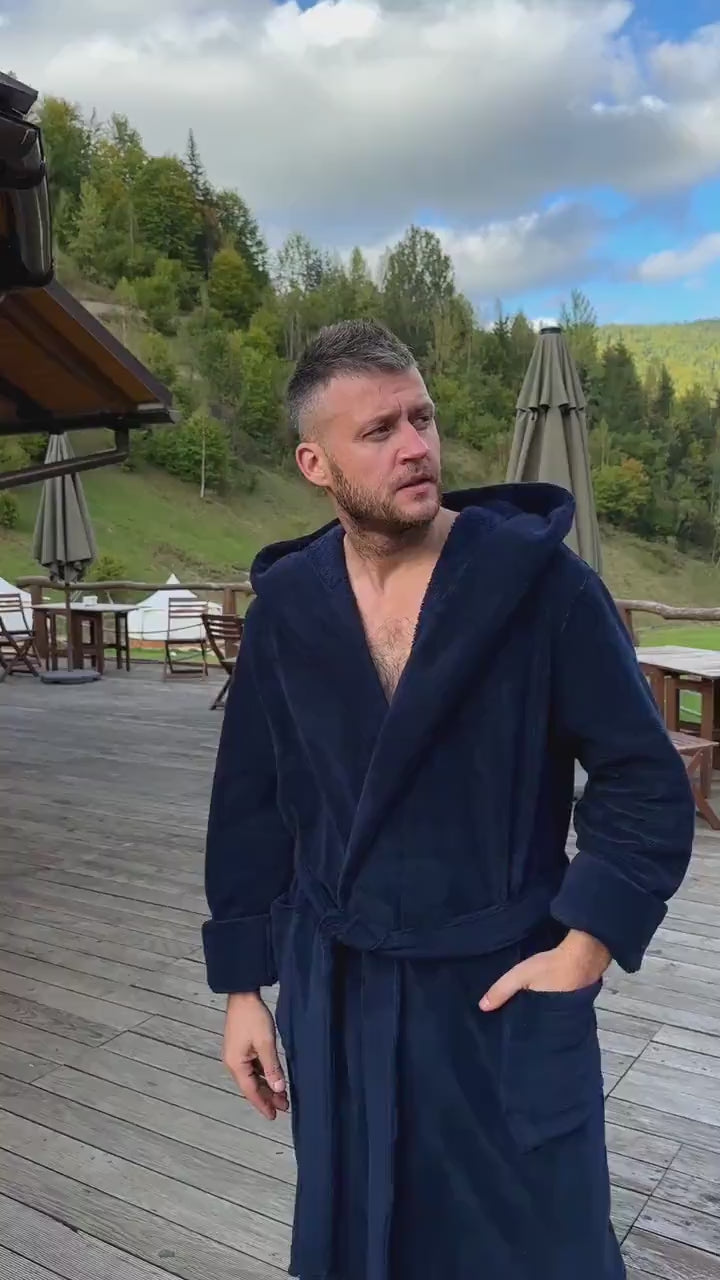 Personalized Men's Velsoft Hooded Bathrobe with Lion Embroidery
