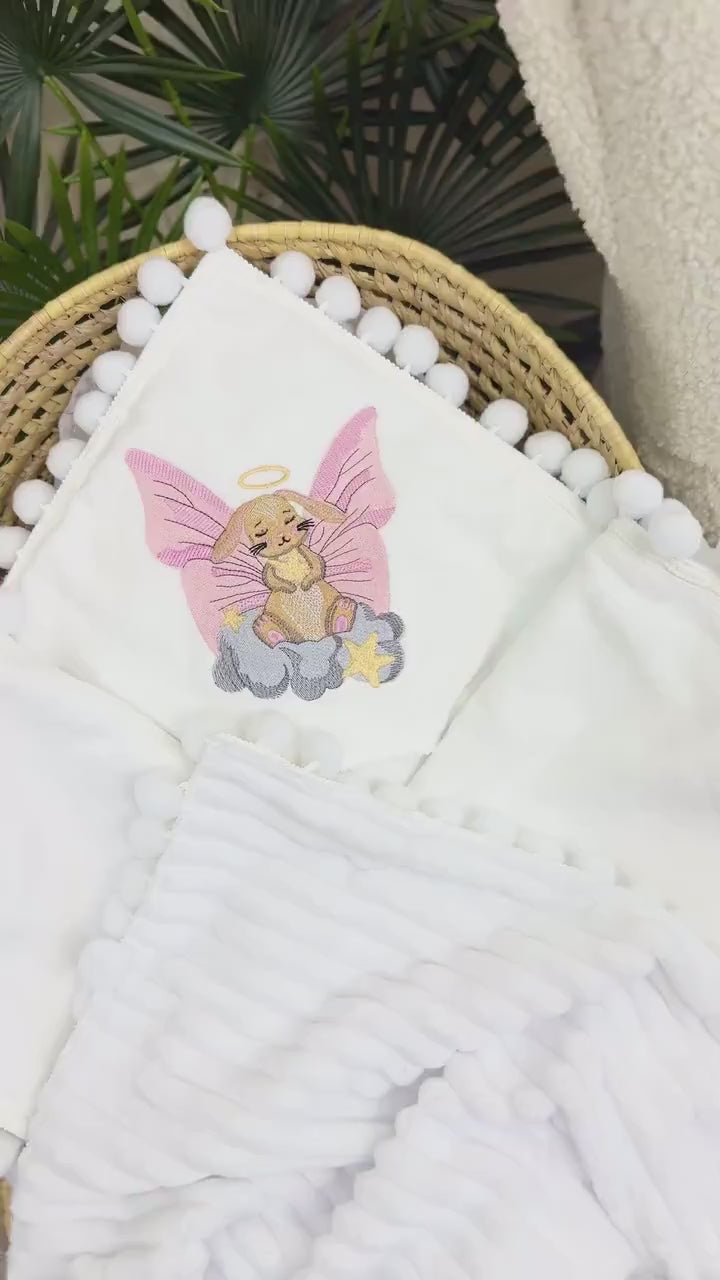 Personalized Handmade Baby Blanket with Pom-Pom Trim and Custom Embroidery