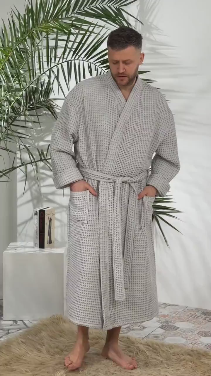 Personalized Men's Waffle Cotton Bathrobe and Spa Lounge Robe