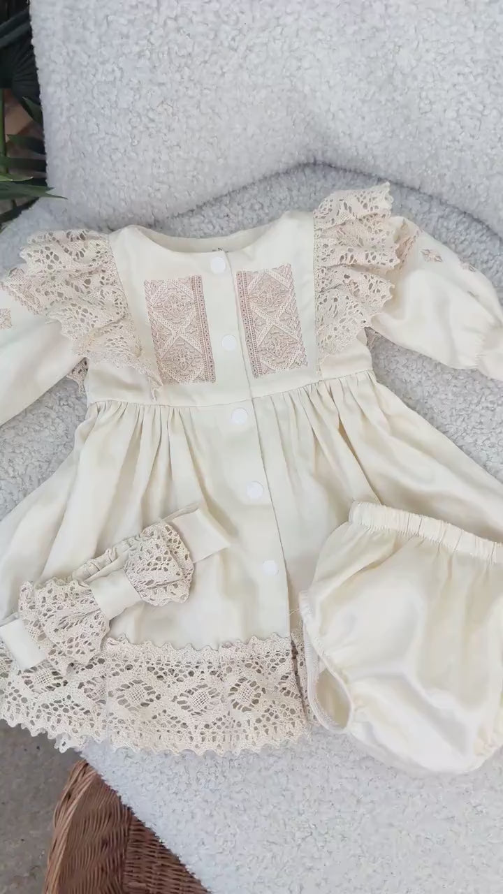 Beige Cotton Satin Baby Girl Christening Dress and Headband Set