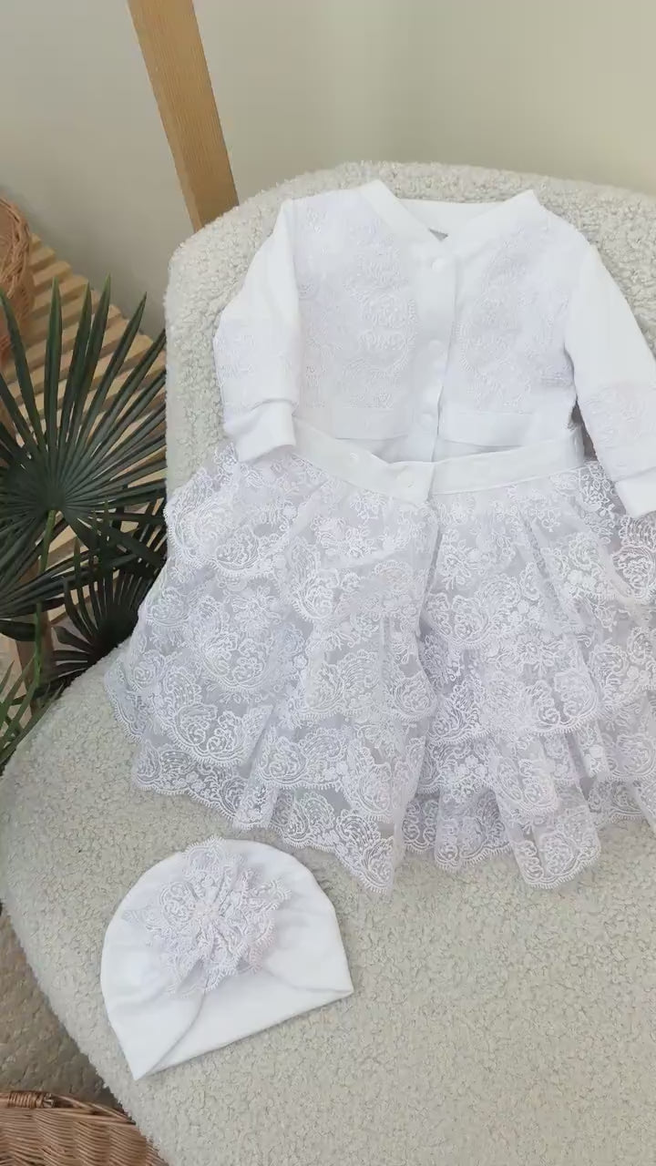 Elegant Baby Girl Lace Romper-Dress and Turban Set