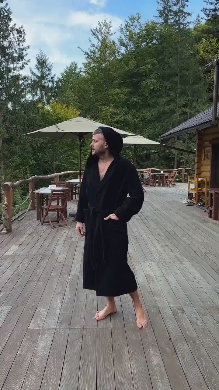 Mens Hooded Terry Cotton Bathrobe with Lion Embroidery