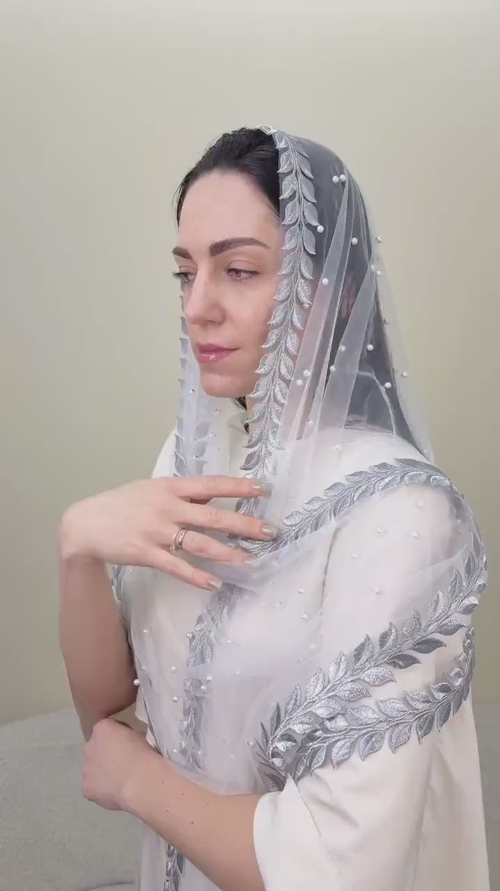 Elegant Bridal Veil Scarf with Silver Lace & Pearl Accents