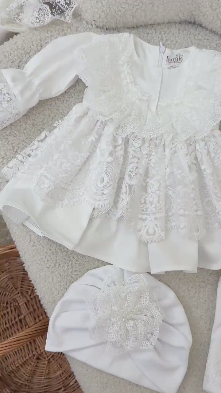 Royal White Cotton Satin Baby Girl Christening Dress and Turban Set