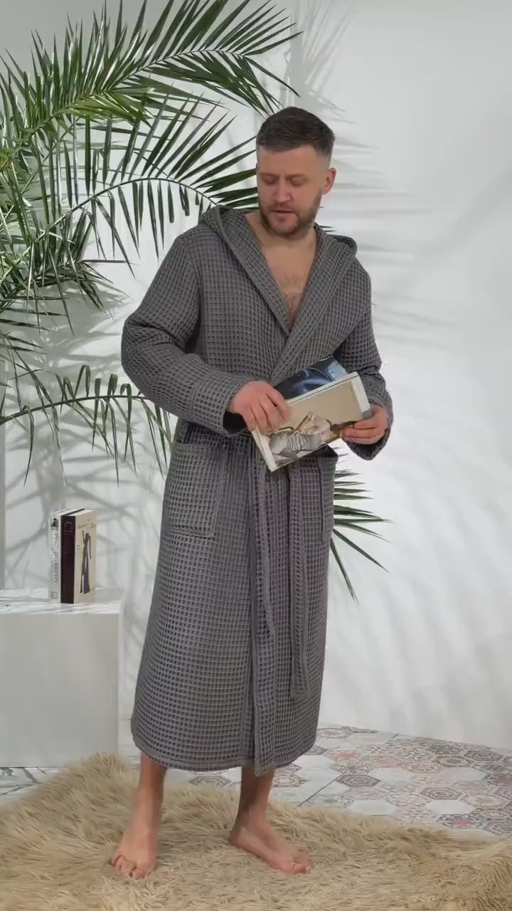 Men's Hooded Waffle Cotton Bathrobe and Spa Lounge Robe