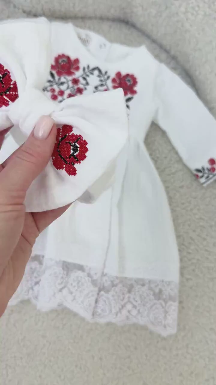 Embroidered Poppy Muslin Baby Dress and Headband Set