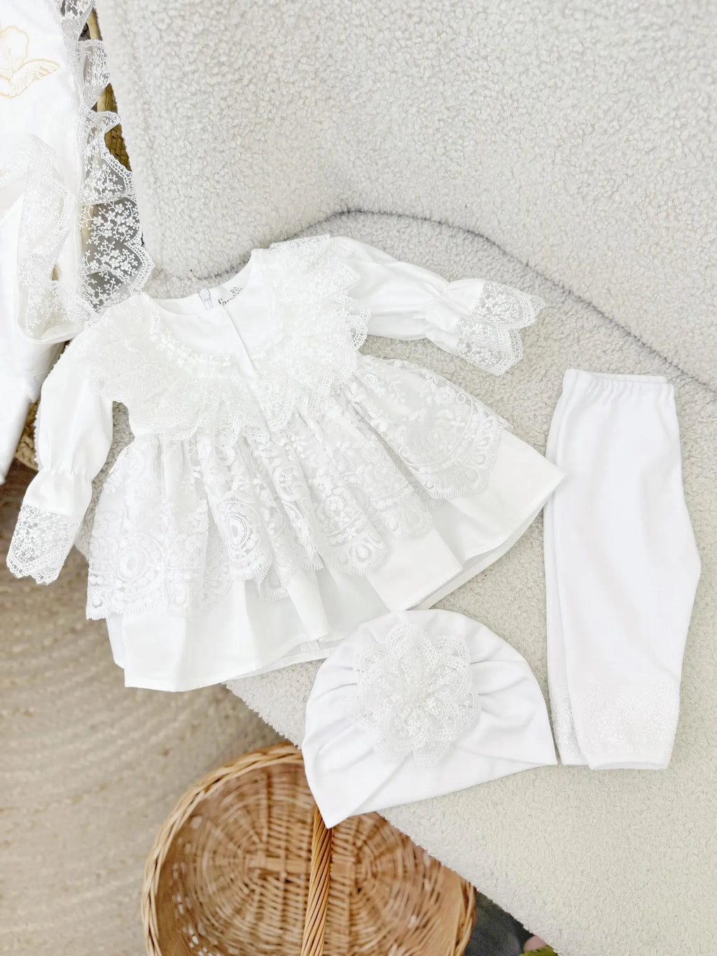 Royal White Cotton Satin Baby Girl Christening Dress and Turban Set