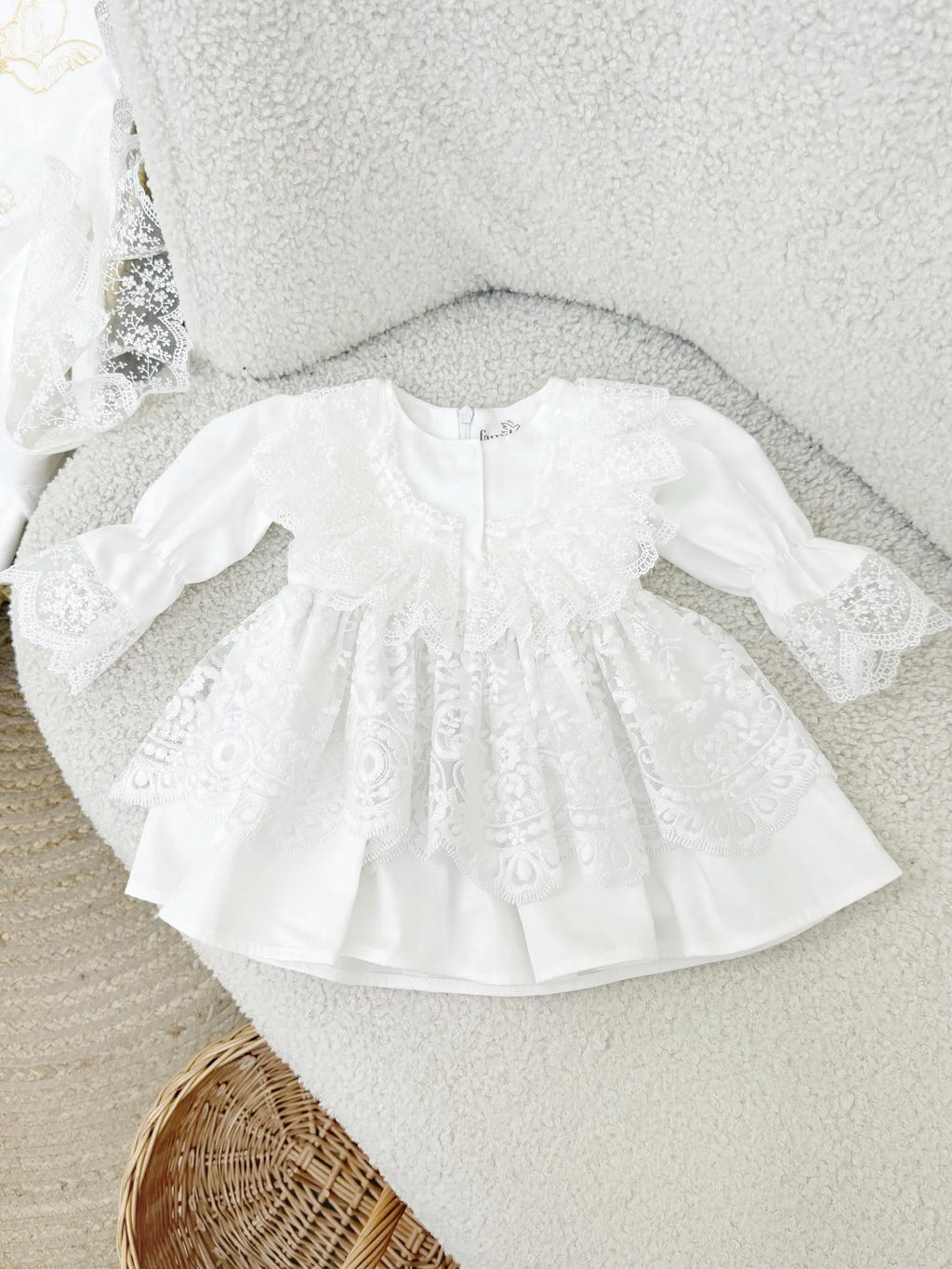 Royal White Cotton Satin Baby Girl Christening Dress and Turban Set