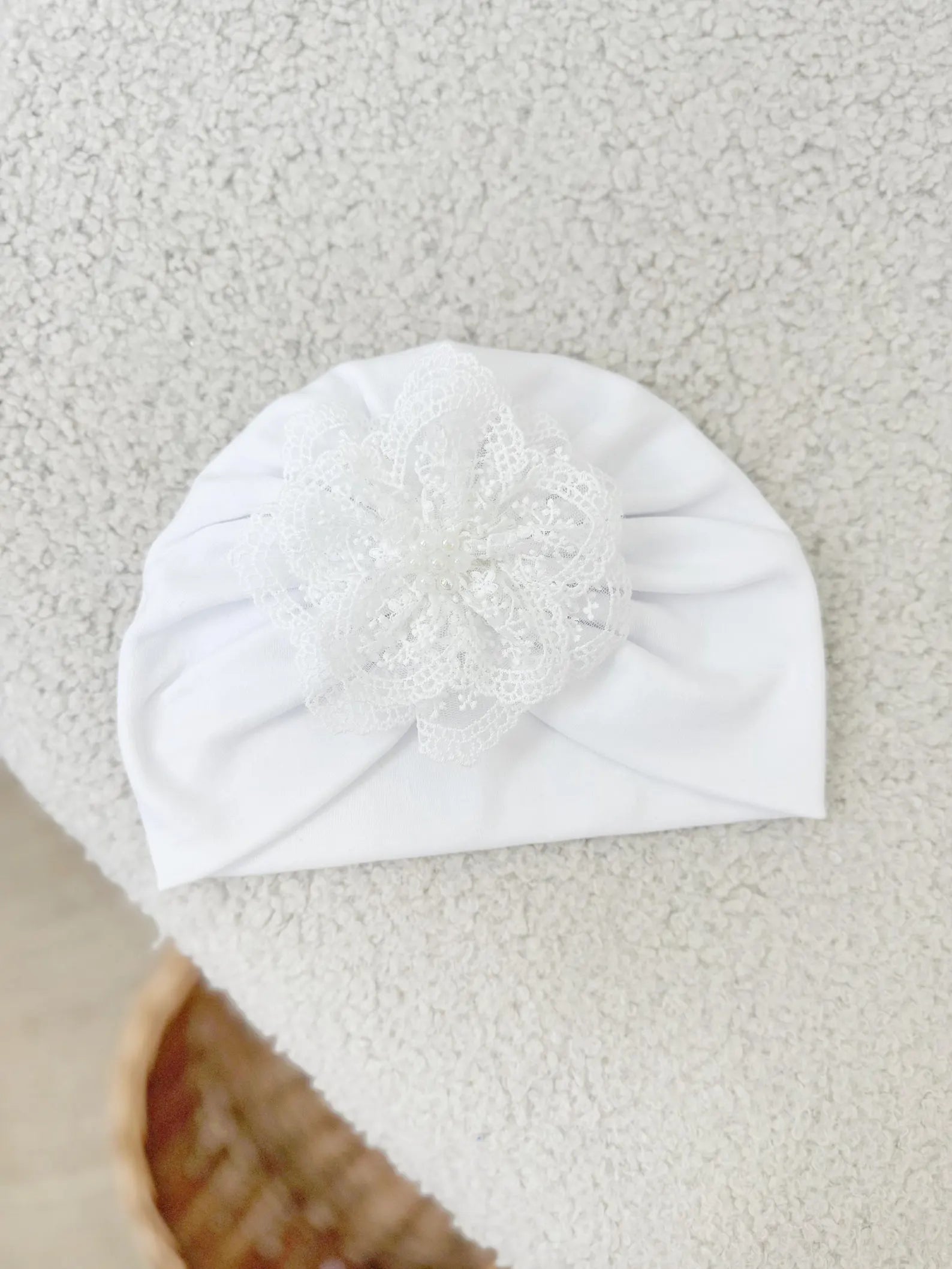 Royal White Cotton Satin Baby Girl Christening Dress and Turban Set