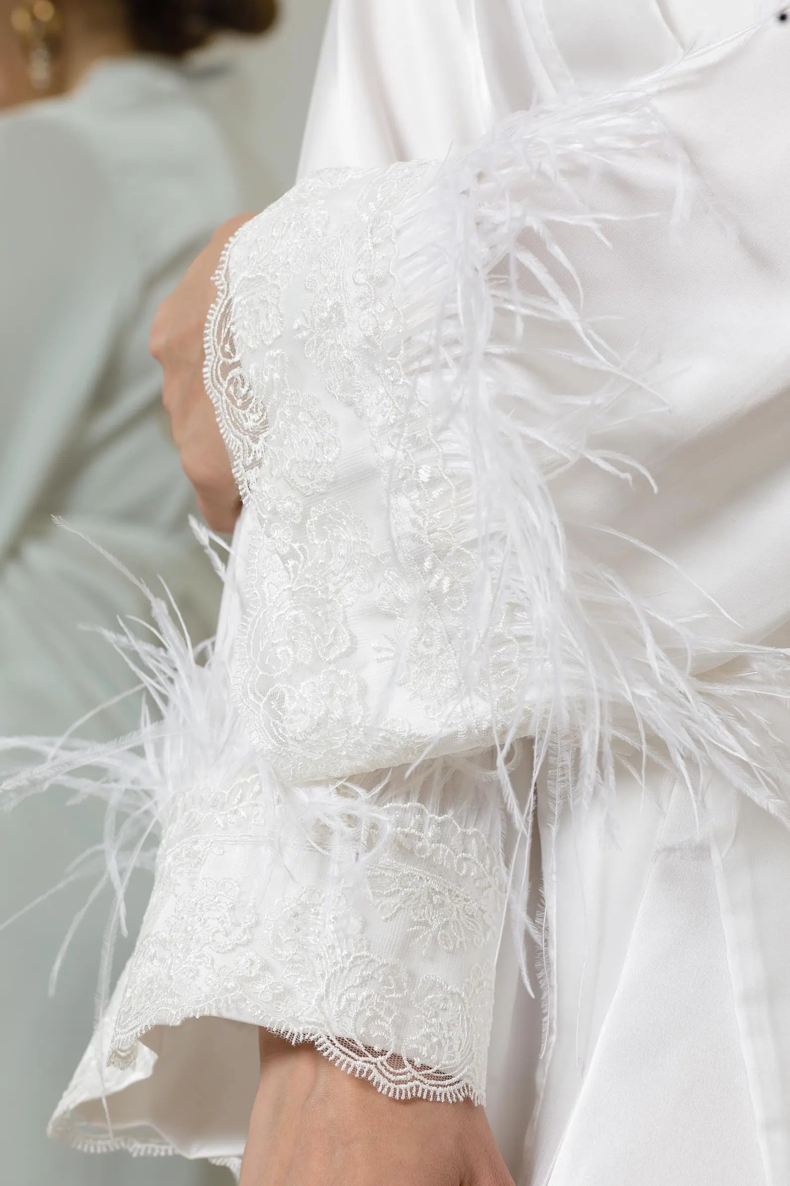 Satin Bridal Robe with Feathers and Lace Trim