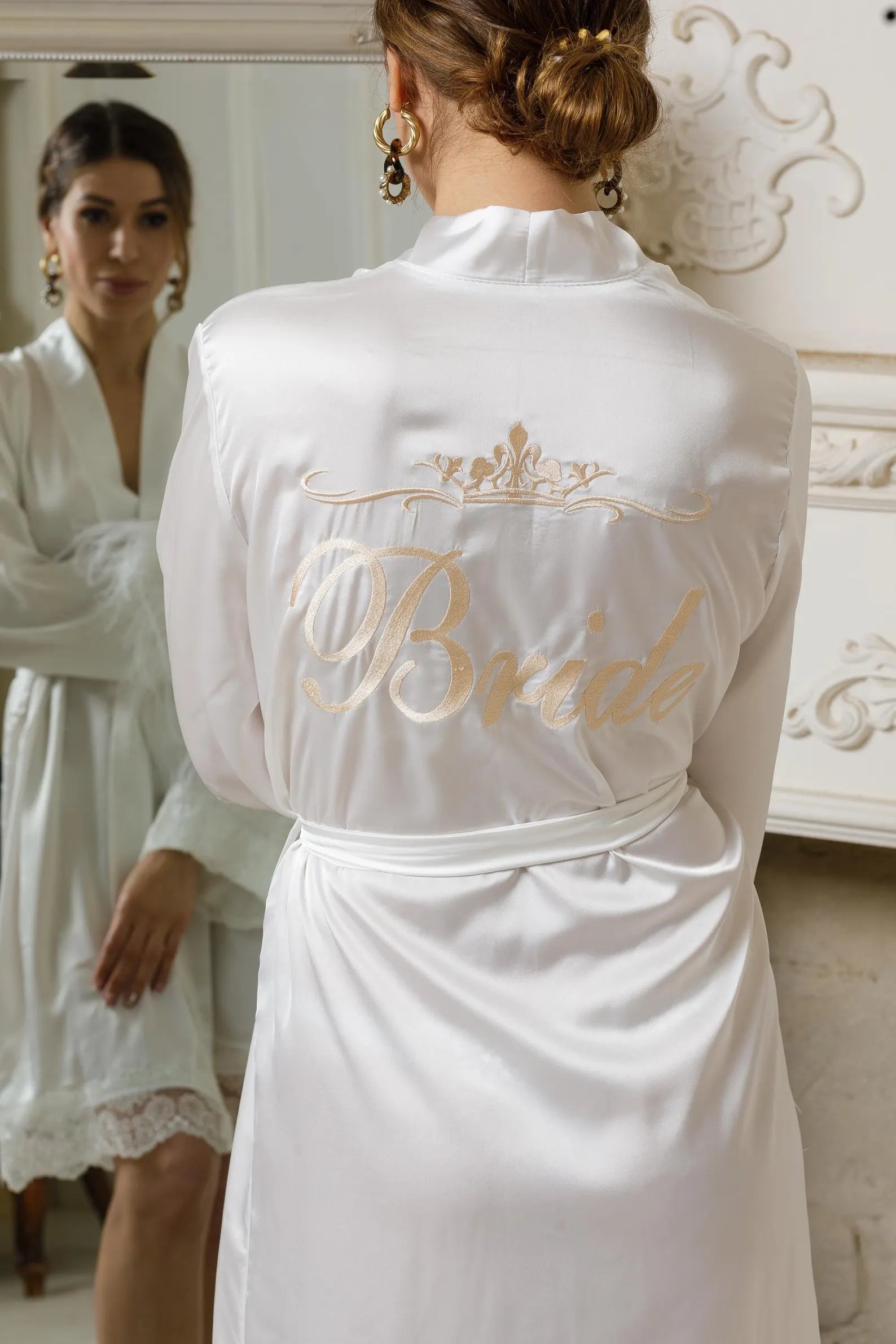 Satin Bridal Robe with Feathers and Lace Trim