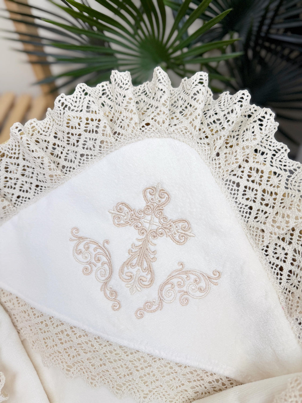 White Baby Baptism Blanket with Gold Cross Embroidery and Cotton Lace Trim