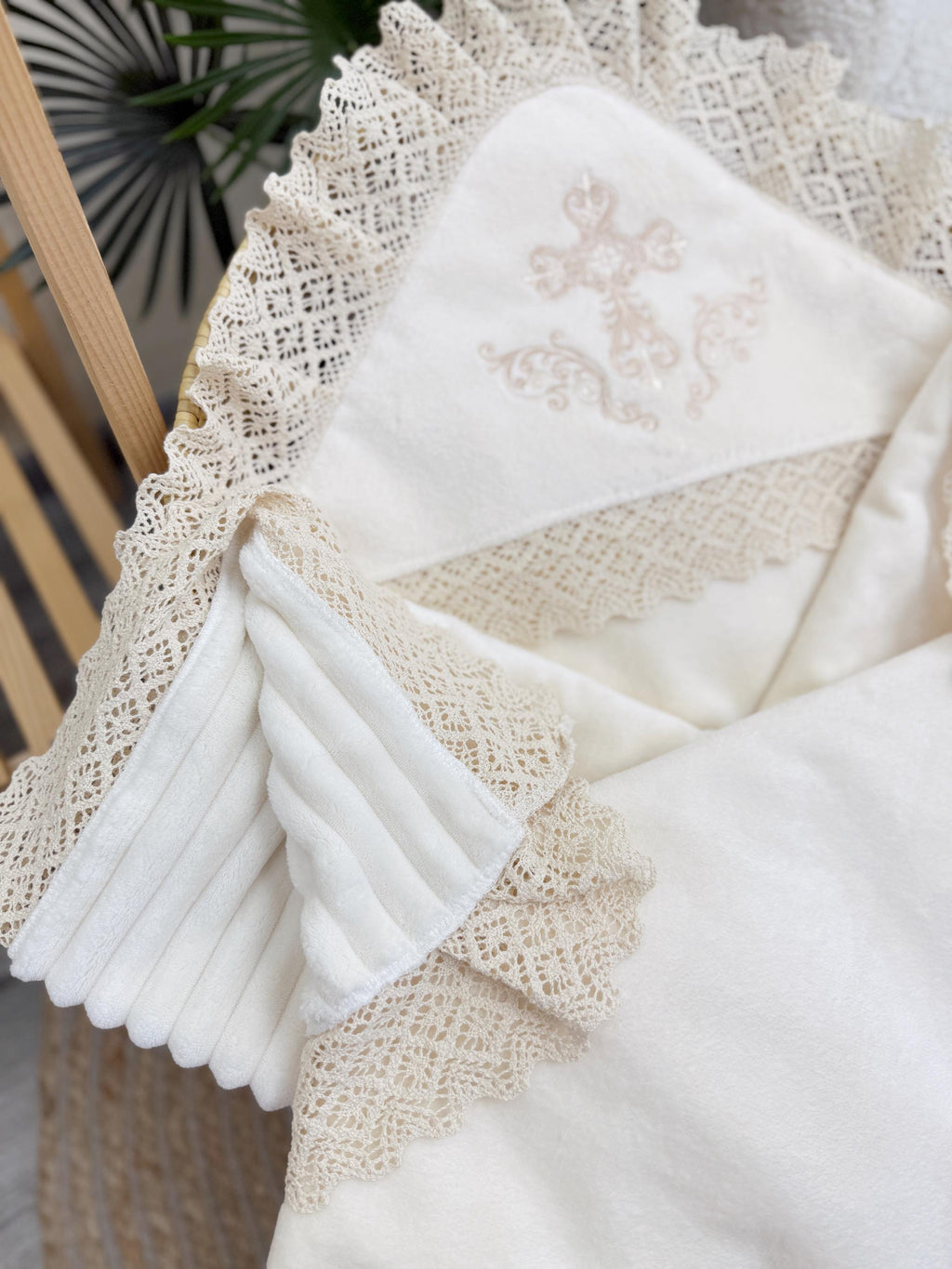 White Baby Baptism Blanket with Gold Cross Embroidery and Cotton Lace Trim