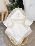White Baby Baptism Blanket with Gold Cross Embroidery and Cotton Lace Trim
