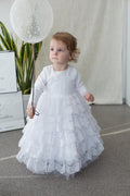 Long Sleeve White Lace Christening Gown for Baby Girls Birthday and Baptism Outfit