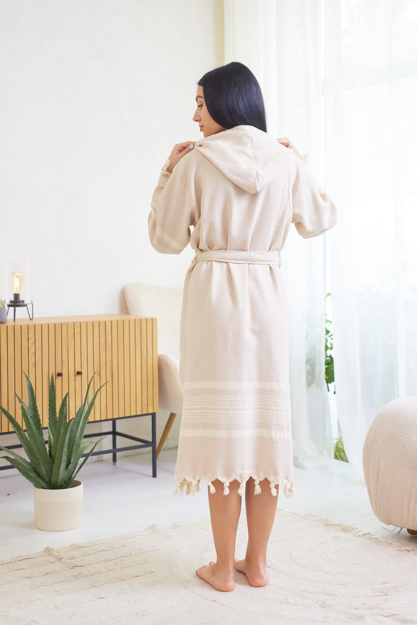 Women's Cotton Hooded Bathrobe and Peshtemal Towel Spa Set