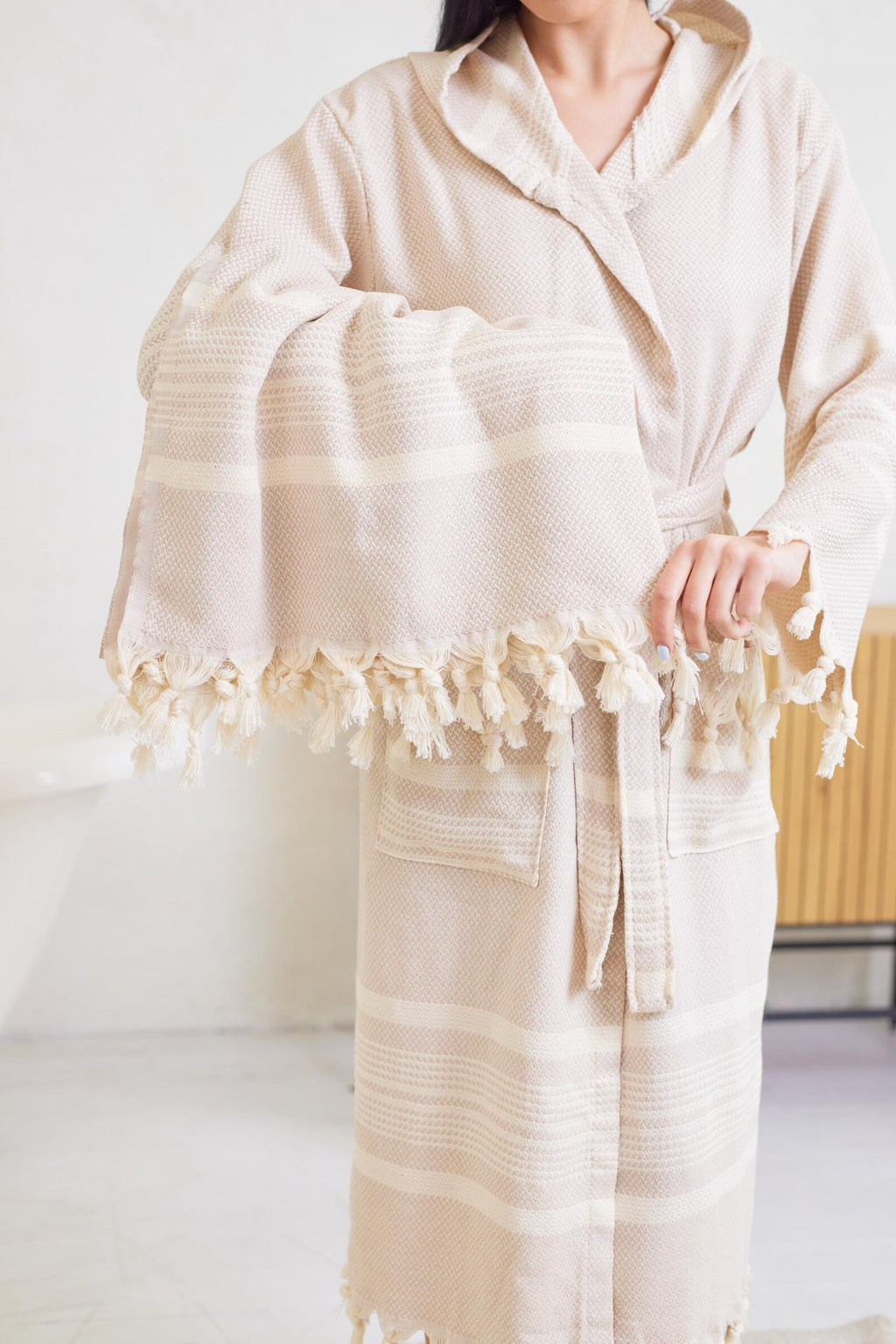 Women's Cotton Hooded Bathrobe and Peshtemal Towel Spa Set